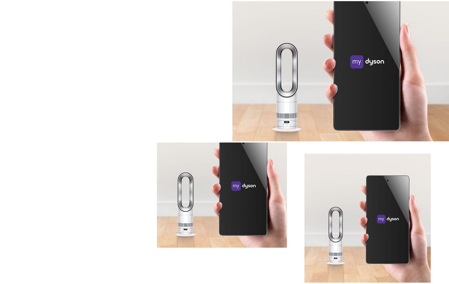 The Dyson Hot+Cool HF1 Remote Link Pre-heat heater and cooling fan with a phone showing the MyDyson app.