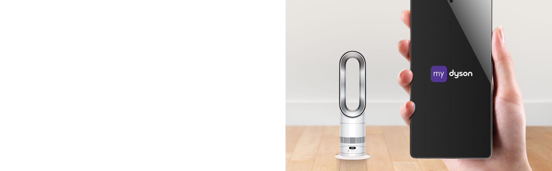 The Dyson Hot+Cool HF1 Remote Link Pre-heat heater and cooling fan with a phone showing the MyDyson app.