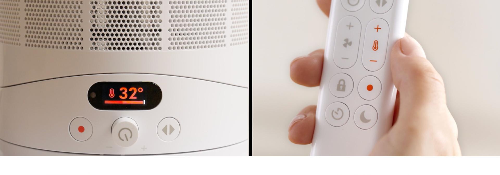 Remote control for Dyson Hot+Cool HF1 Remote Link Pre-heat heater and cooling fan held in a hand.