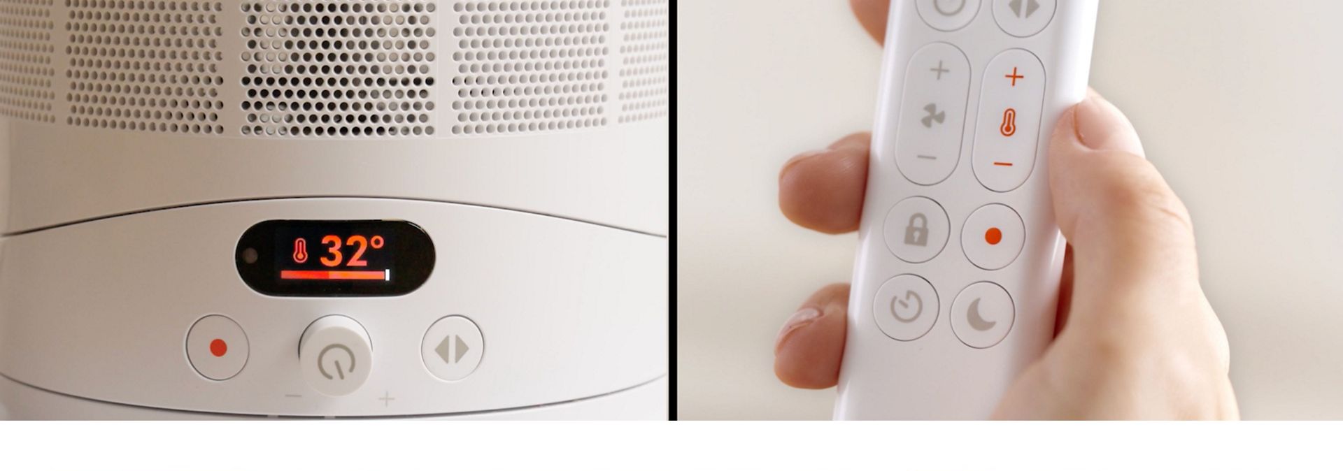 Remote control for Dyson Hot+Cool HF1 Remote Link Pre-heat heater and cooling fan held in a hand.