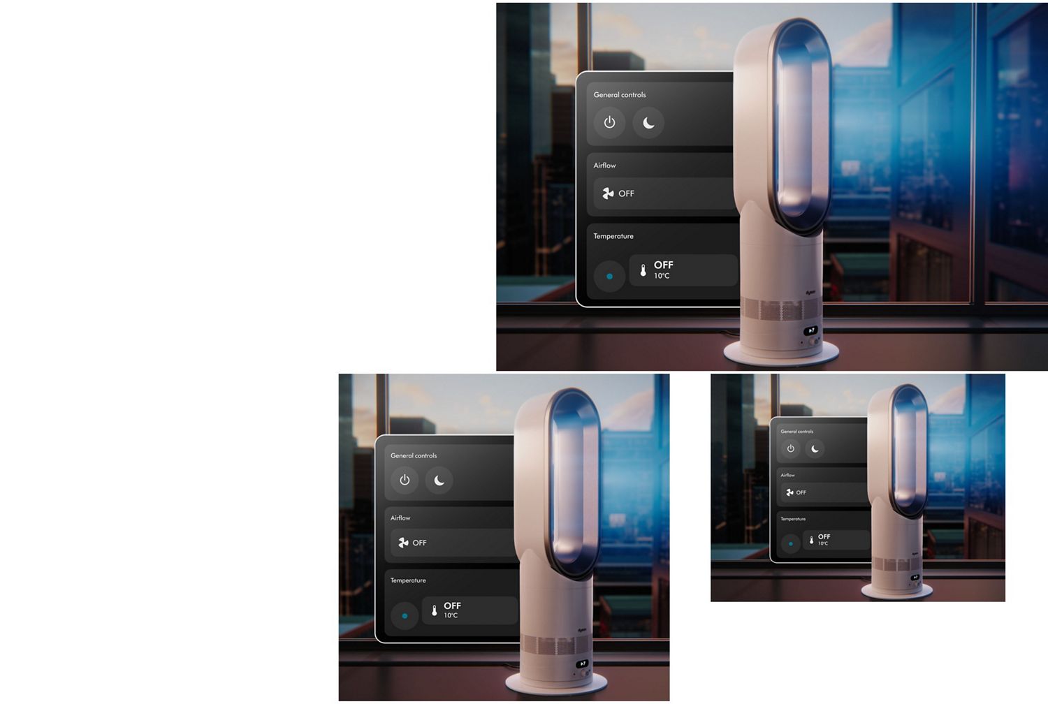 A Dyson purifier in a living room, graphics show the remote control features of the MyDyson app.