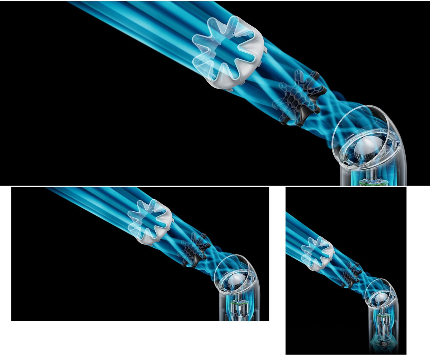 Exploded graphic showing how the HushJet mechanism and honeycomb mesh smooth airflow.