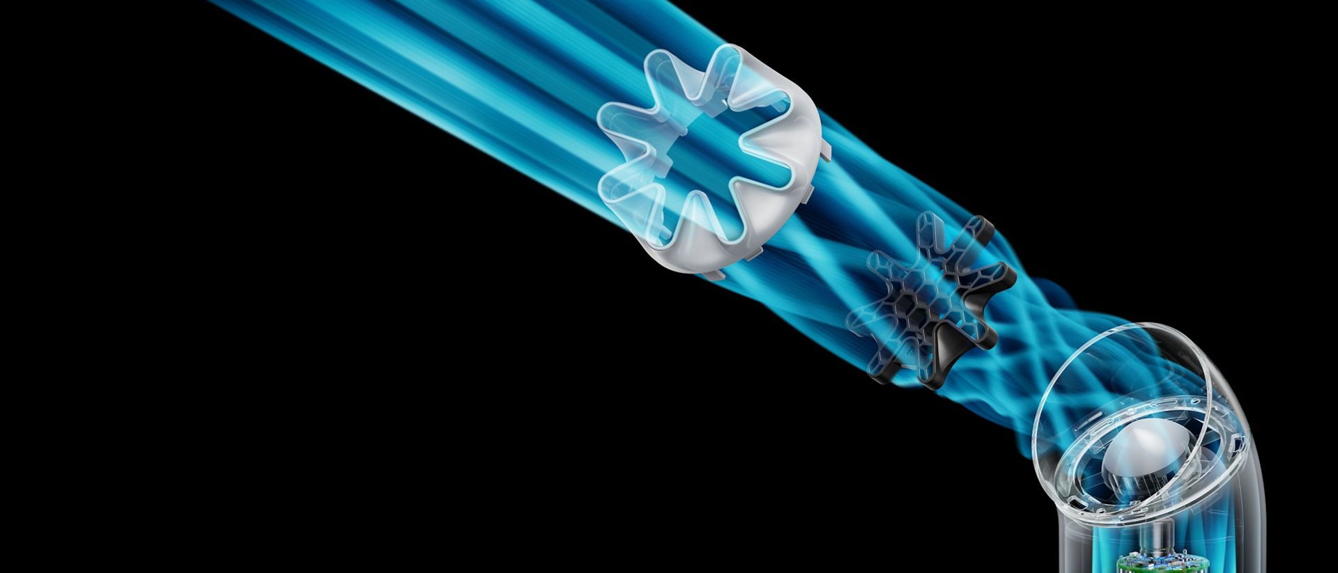 Exploded graphic showing how the HushJet mechanism and honeycomb mesh smooth airflow.