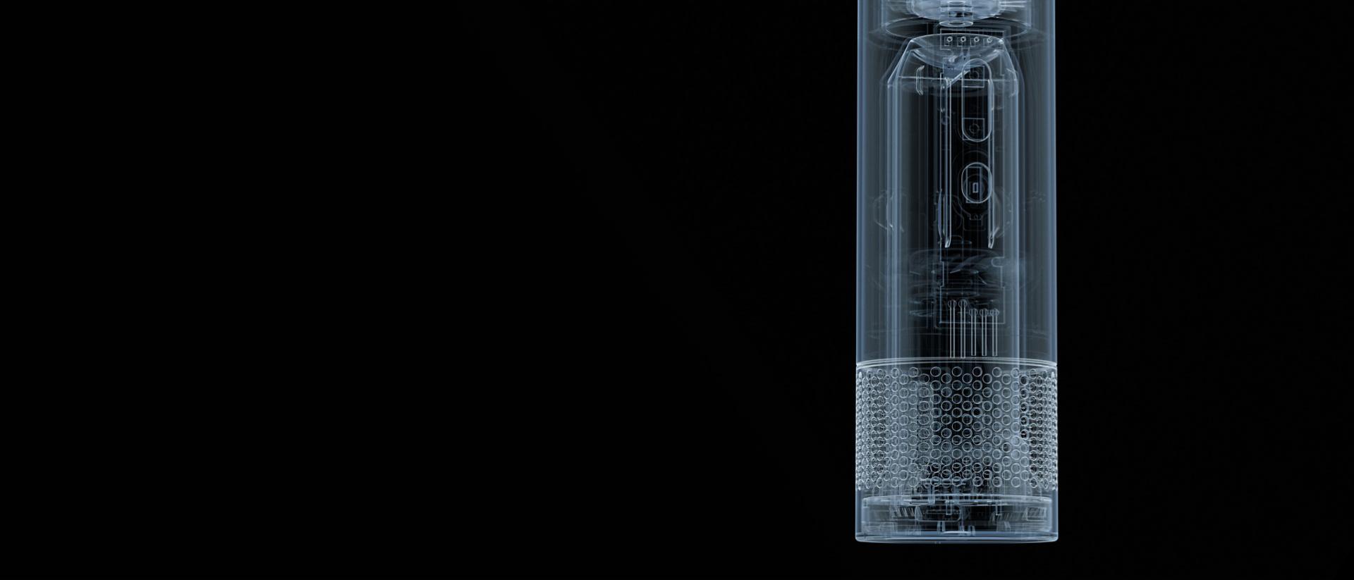 Cutaway showing the battery inside the Dyson HushJet Mini Cool portable fan.