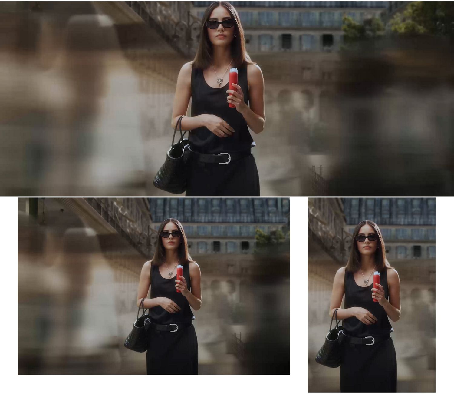 Dyson HushJet Mini Cool fan used by a tourist to cool down on a busy street.