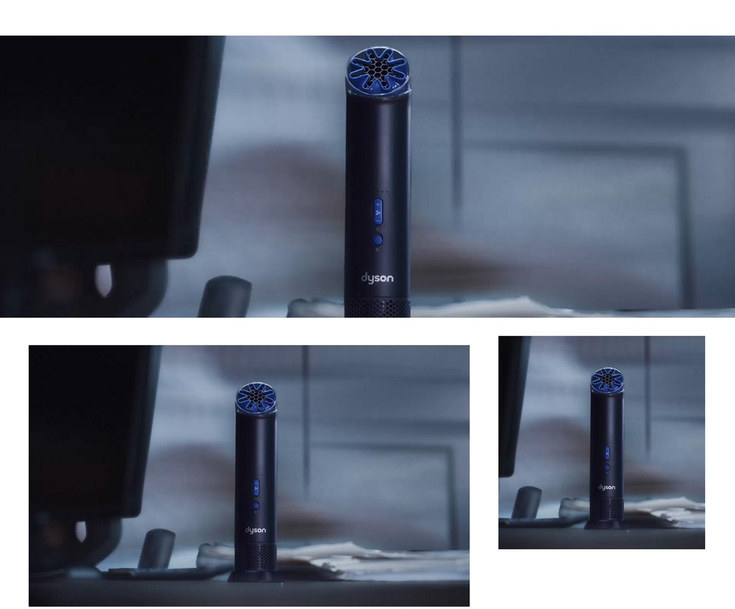 Dyson HushJet Mini Cool portable fan in its Charging Stand on a desk.