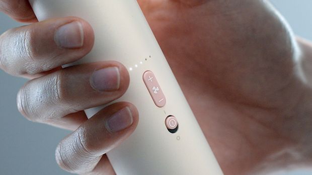 The battery level is checked on the Dyson HushJet Mini Cool fan using the front LEDs.