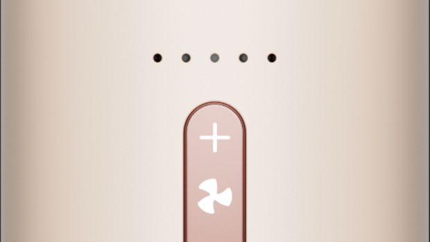 The Up and Down buttons on the front of the Dyson HushJet Mini Cool fan.