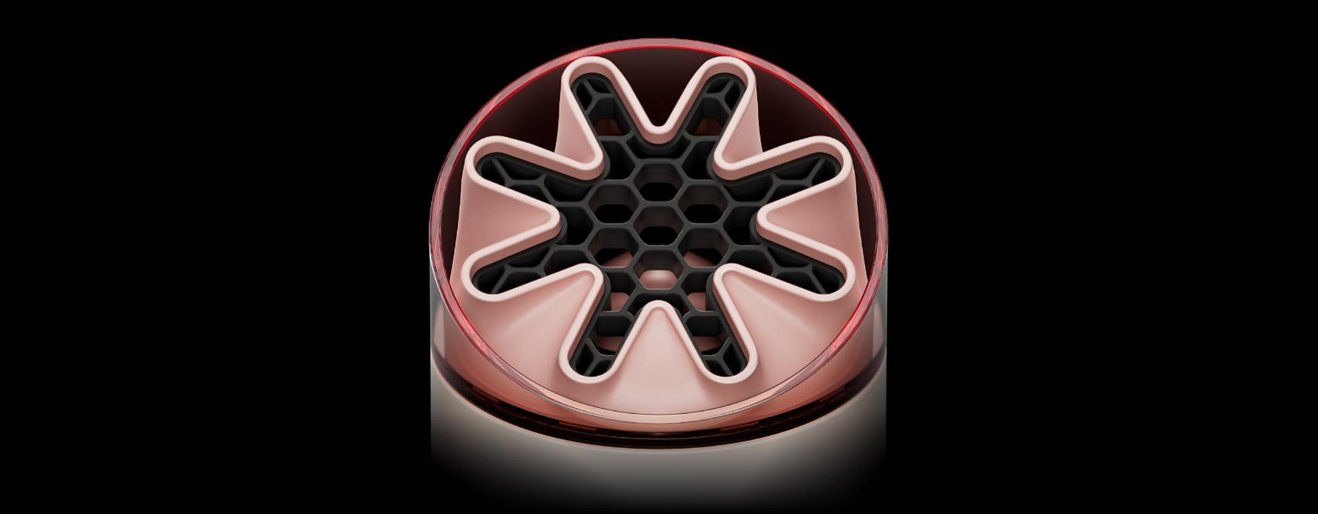 Close-up of the HushJet nozzle and honeycombed mesh on the Dyson HushJet Mini Cool portable fan.