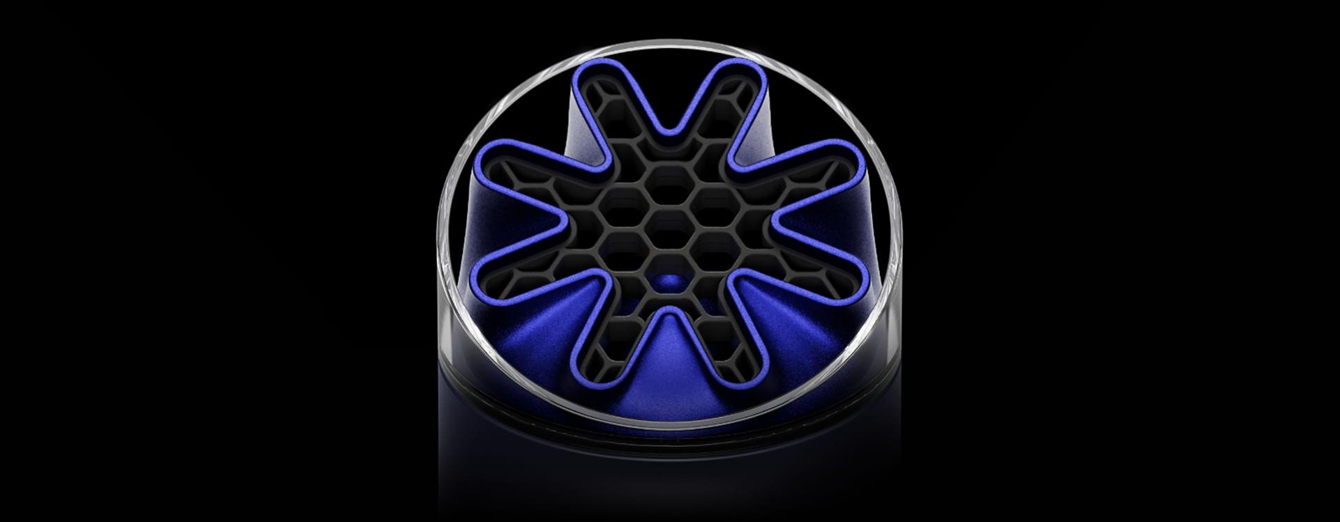 Close-up of the HushJet nozzle and honeycombed mesh on the Dyson HushJet Mini Cool portable fan.