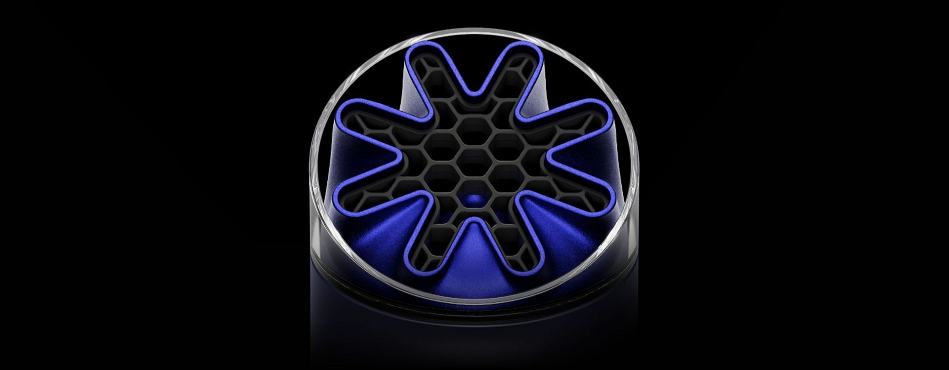 Close-up of the HushJet nozzle and honeycombed mesh on the Dyson HushJet Mini Cool portable fan.