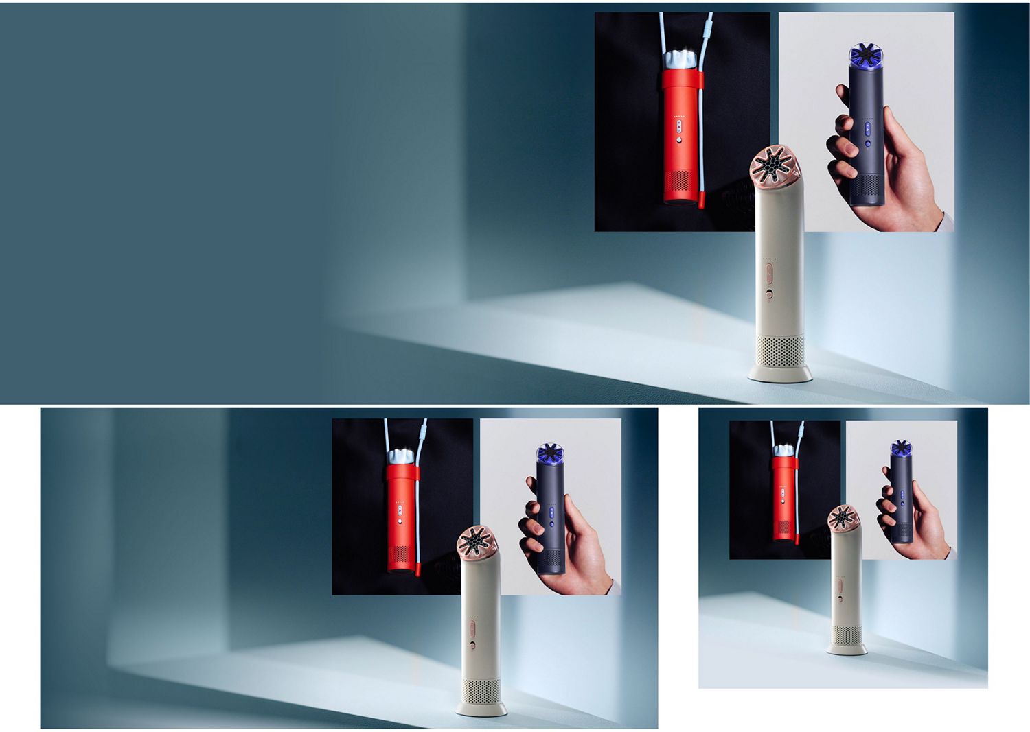 Dyson HushJet Mini Cool fan held in a hand, worn in the Neck Dock and stood on the Charging Stand.