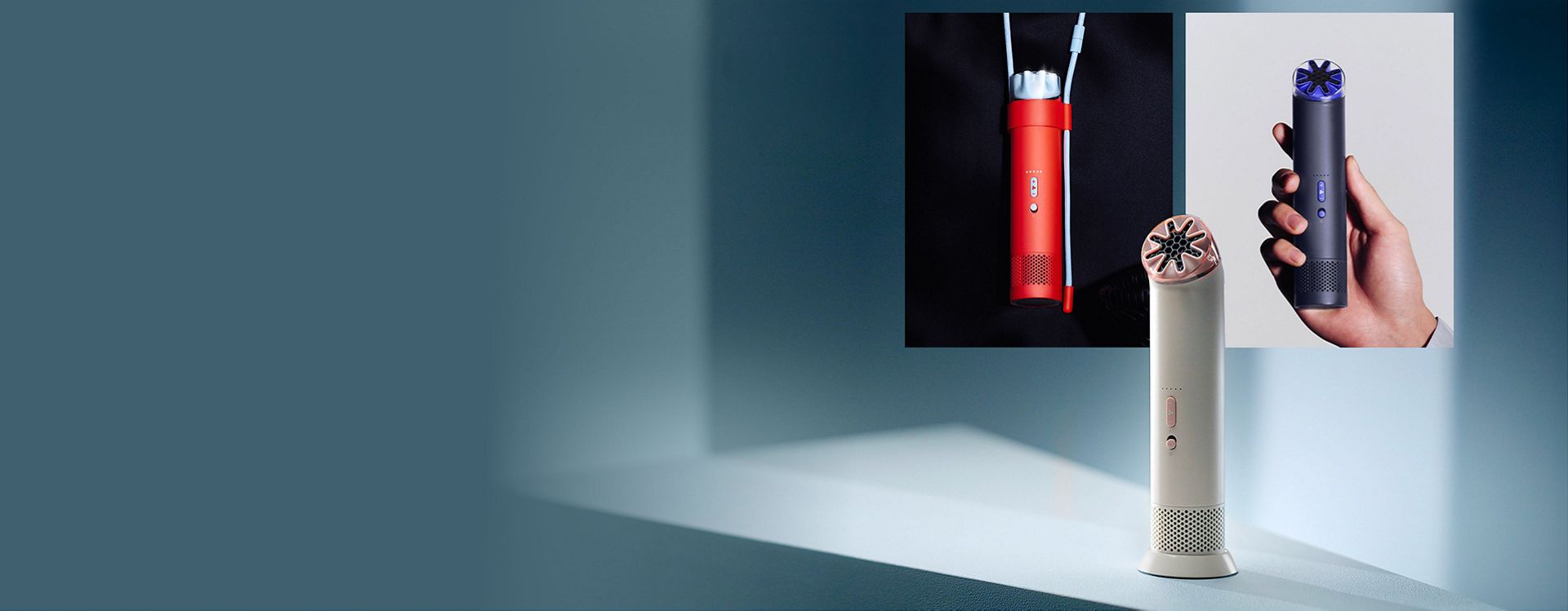 Ventilatorul Dyson HushJet Mini Cool ținut în mână, purtat în Neck Dock și așezat pe Charging Stand.