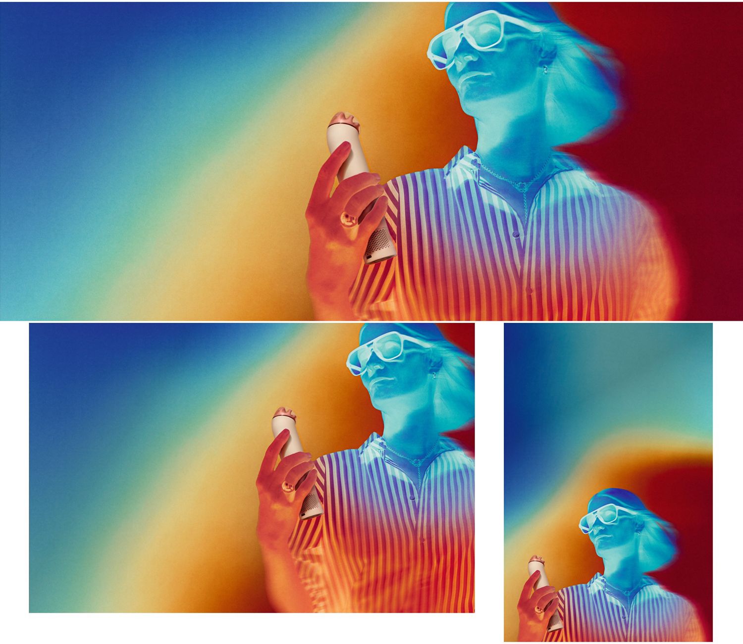 Wärmebilder zeigen ein Model, das den tragbaren Dyson HushJet Mini Cool Handventilator zur Abkühlung verwendet.