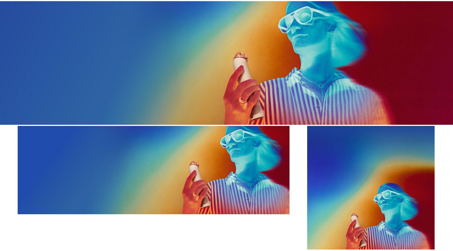 Thermal imagery shows a model using the Dyson HushJet Mini Cool portable fan to cool down.