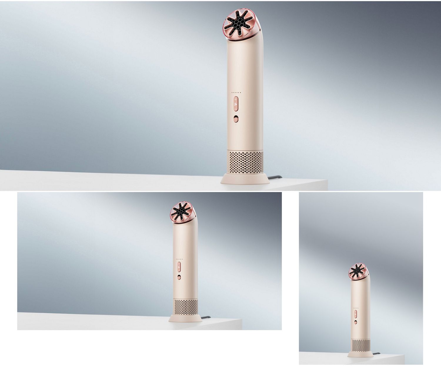 De draagbare Dyson HushJet Mini Cool ventilator staat op de oplaadstandaard op een bureau.