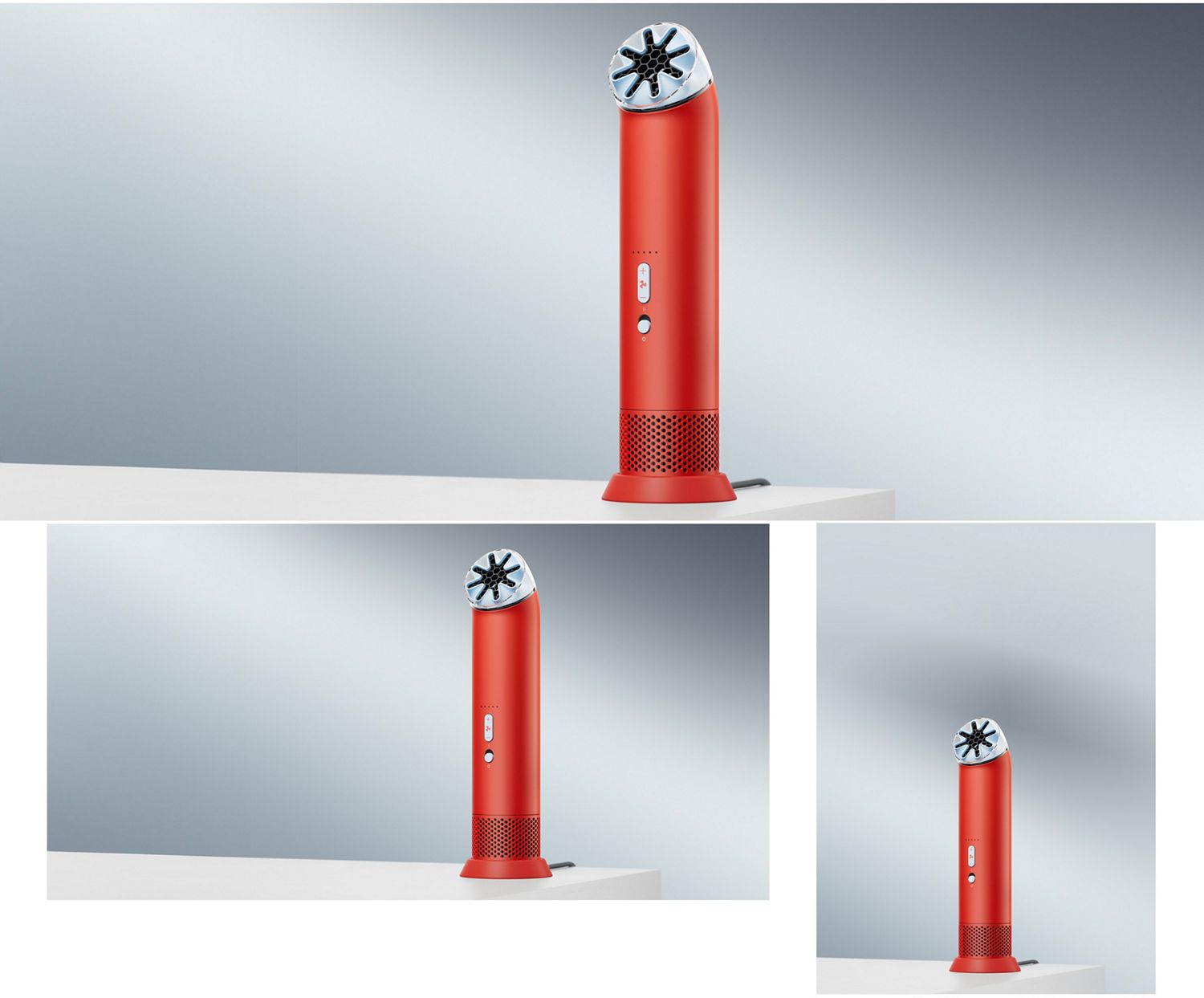 De draagbare Dyson HushJet Mini Cool ventilator staat op de oplaadstandaard op een bureau.