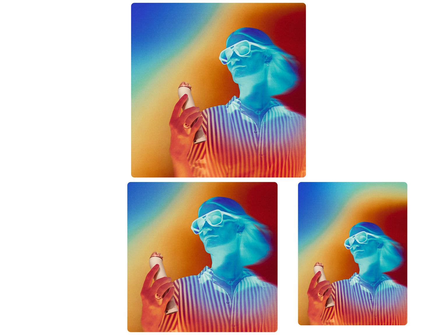 Thermal imagery shows a model using the Dyson HushJet Mini Cool portable fan to cool down.