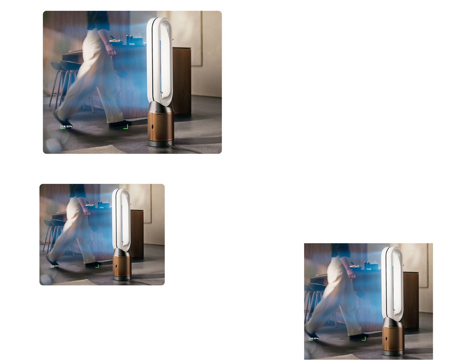 Dyson Find+Follow Purifier Cool fan projects cooling airflow that follows a person around a room.¹