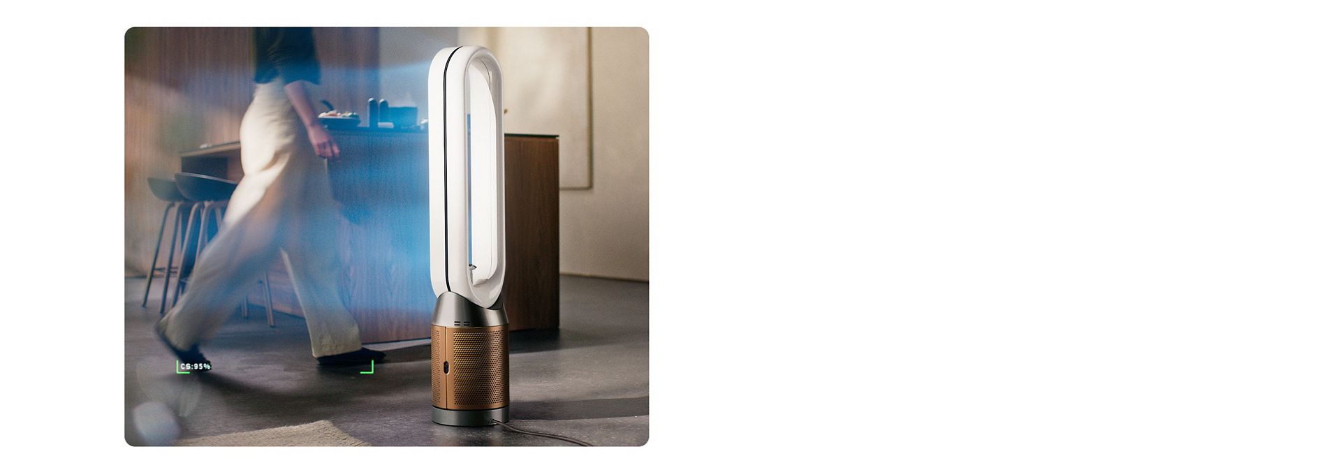 Dyson Find+Follow Purifier Cool fan projects cooling airflow that follows a person around a room.