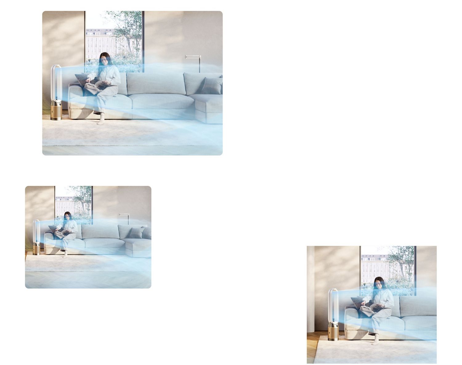 Dyson Find+Follow Purifier Cool fan cools a room with airflow while a person reads.