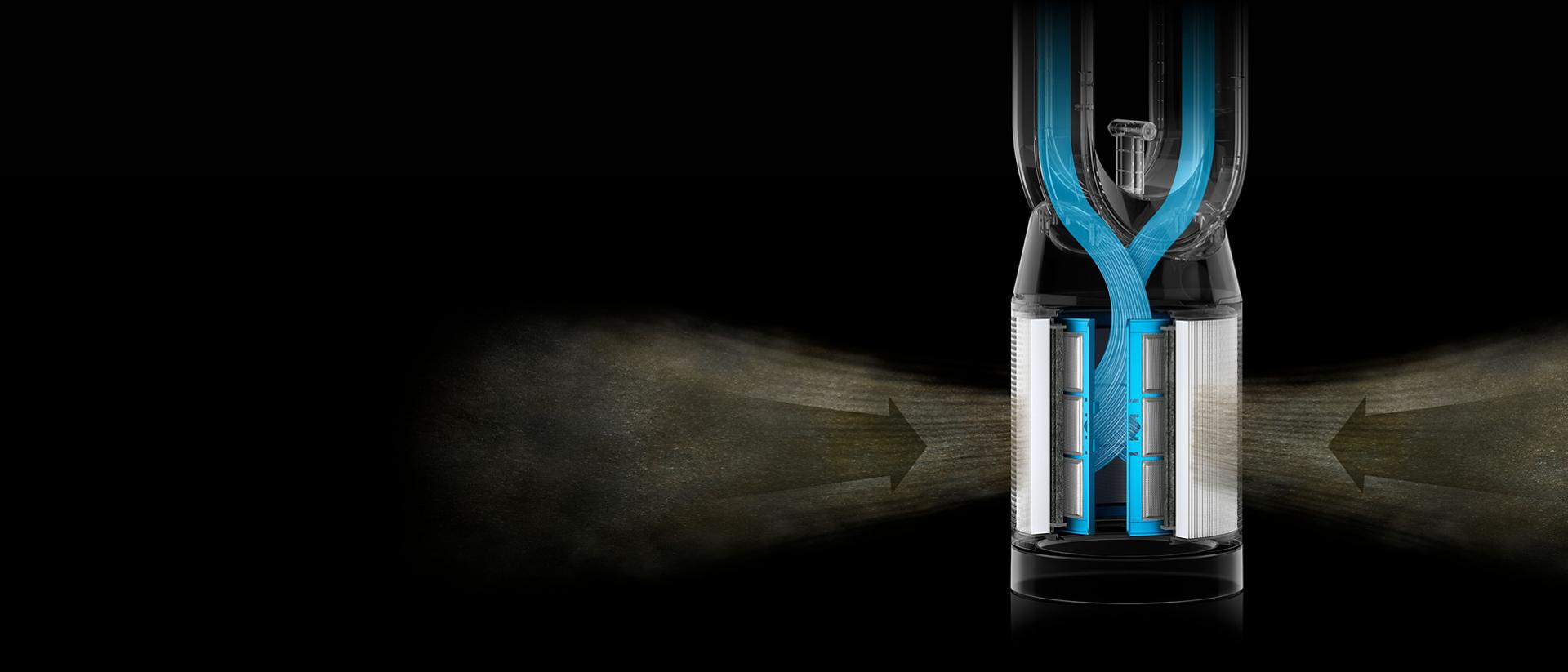 Cutaway showing the airflow through the filters of the Dyson Find+Follow Purifier Cool fan.
