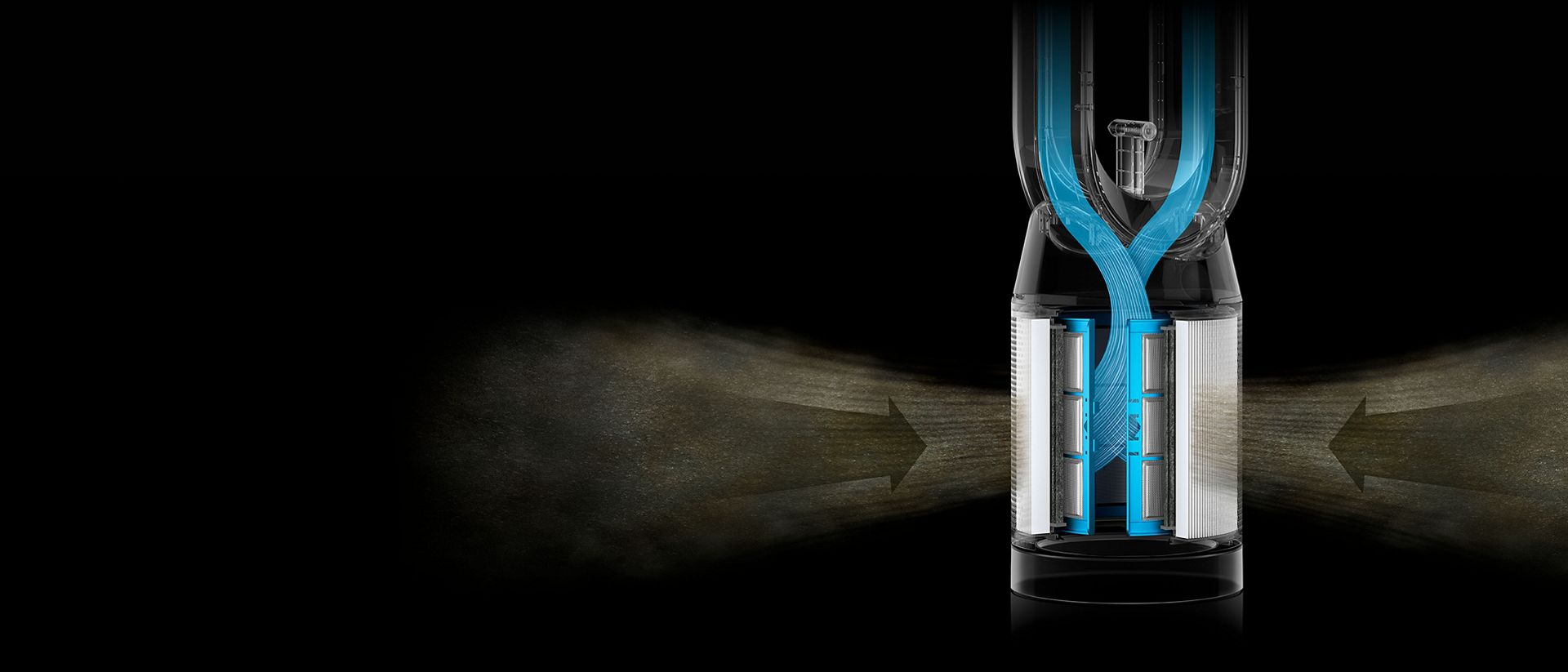 Cutaway showing the airflow through the filters of the Dyson Find+Follow Purifier Cool fan.