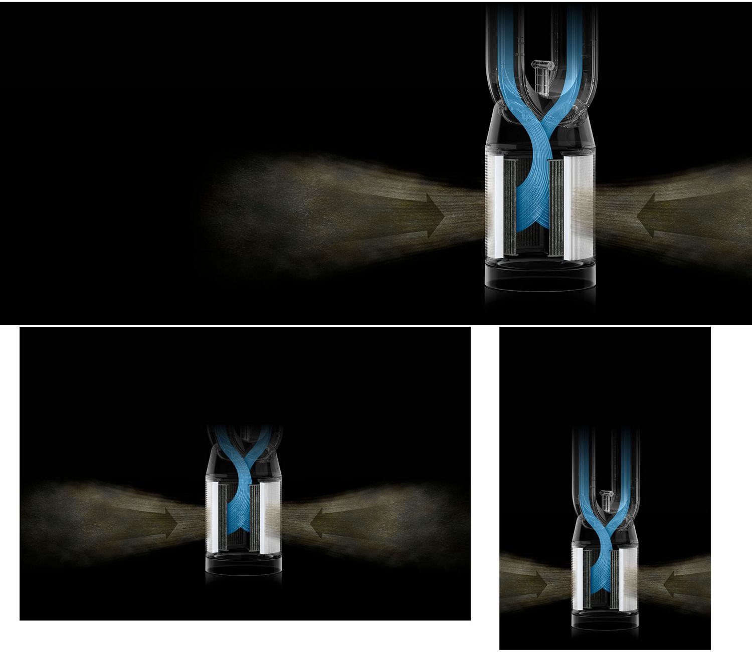 Cutaway showing the airflow through the filters of the Dyson Find+Follow Purifier Cool fan.