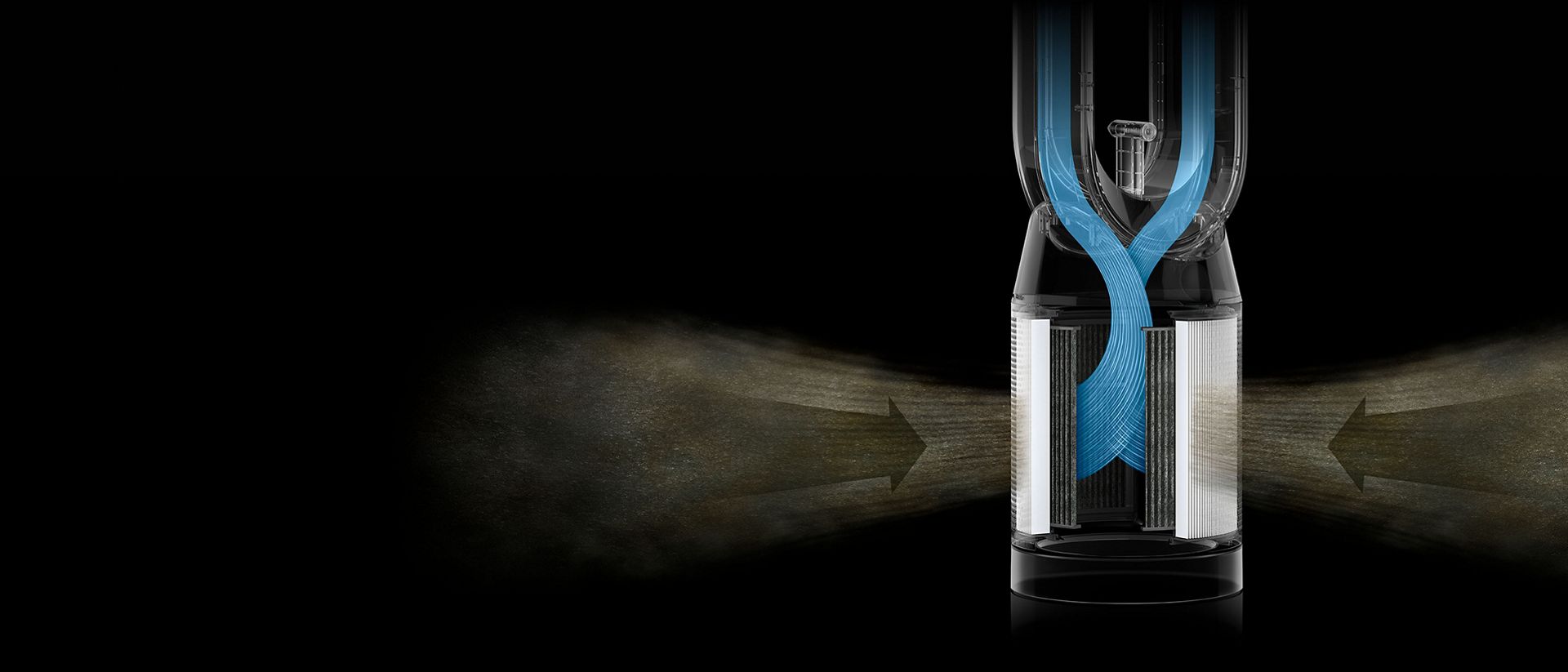 Przekrój pokazujący przepływ powietrza przez filtry wentylatora Dyson Find+Follow Purifier Cool.