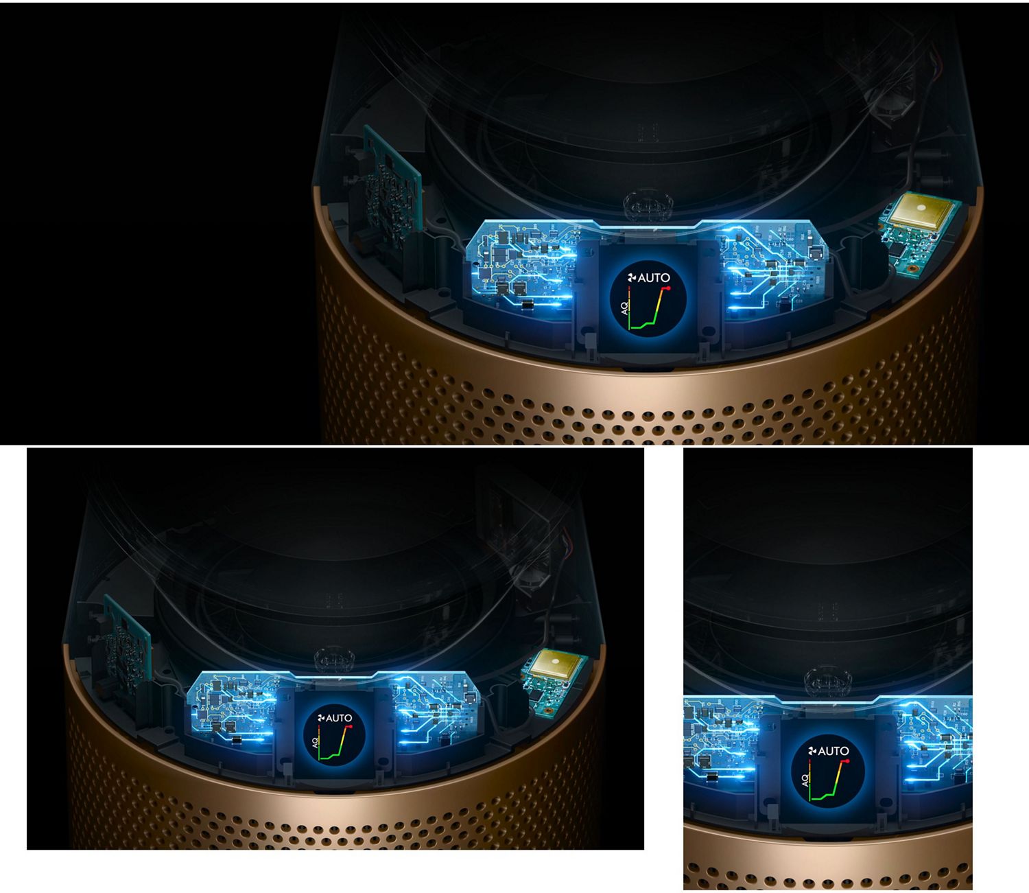 Cutaway showing the sensor technology in the Dyson Find+Follow Purifier Cool fan.