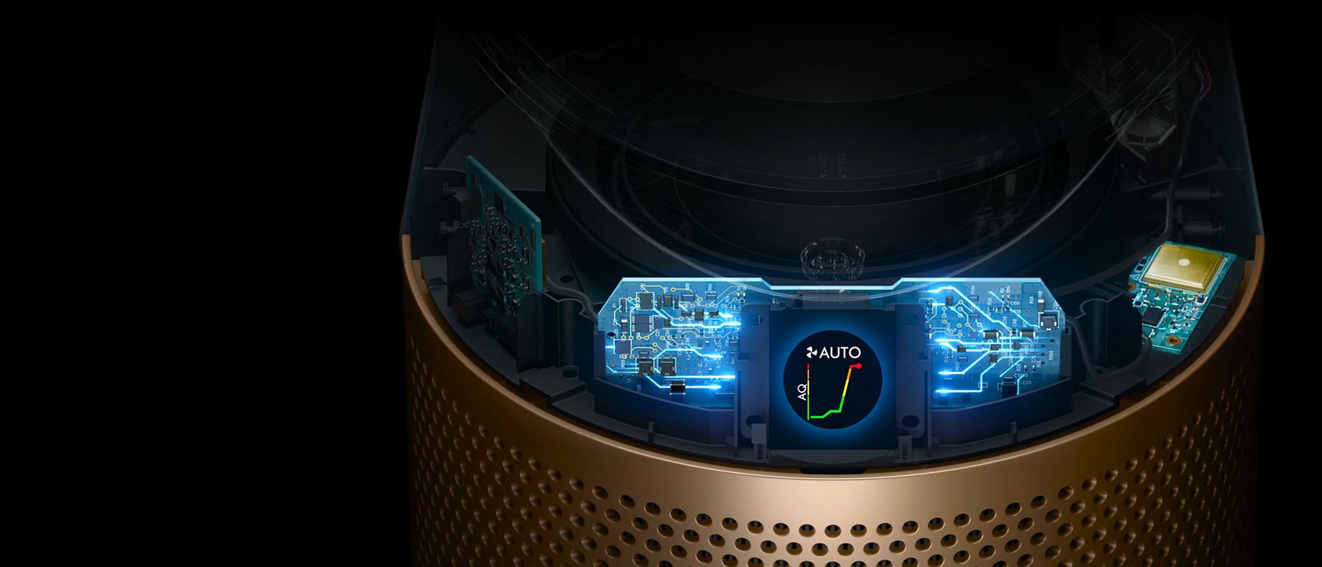 Cutaway showing the sensor technology in the Dyson Find+Follow Purifier Cool fan.
