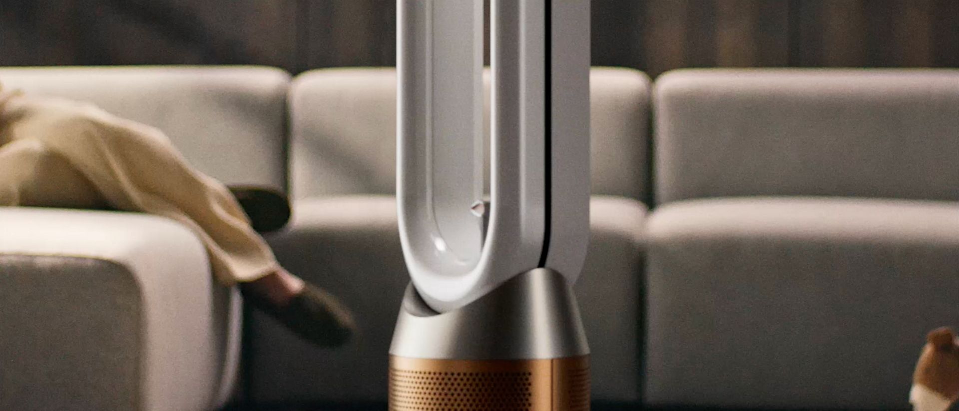 Dyson Find+Follow Purifier Cool fan operating in a family room.