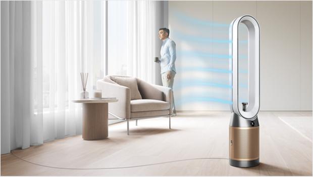 The Dyson Find+Follow Purifier Cool fan purifies air in a large room.