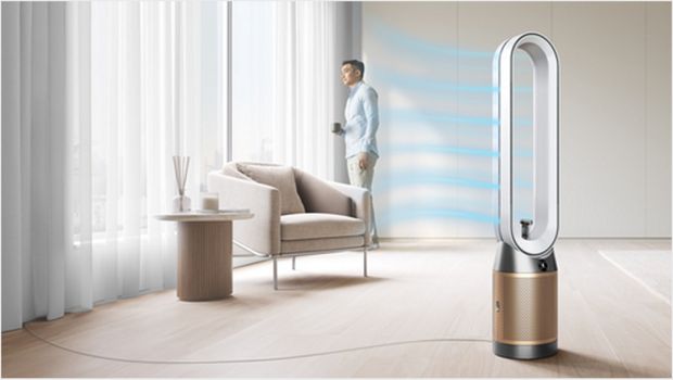 The Dyson Find+Follow Purifier Cool fan purifies air in a large room.