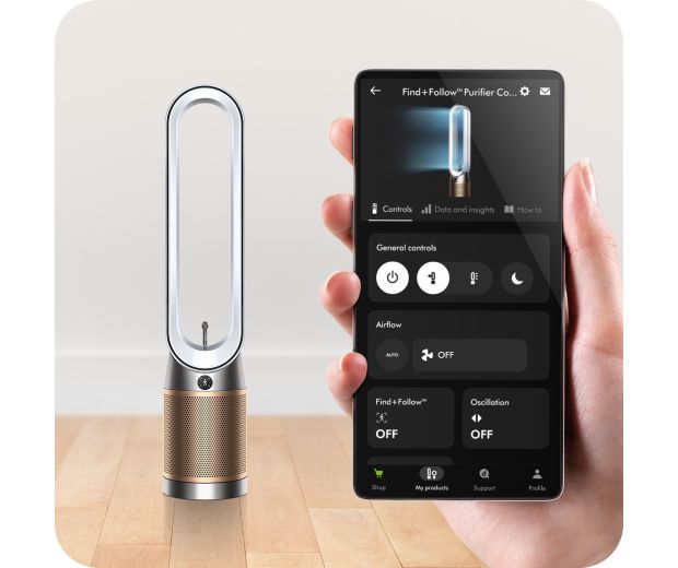 Dyson Find+Follow Purifier Cool fan seen on the MyDyson app.