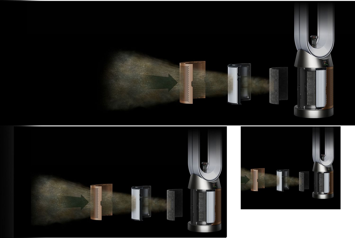 Exploded graphic showing the layers of filtration within a Dyson purifier.