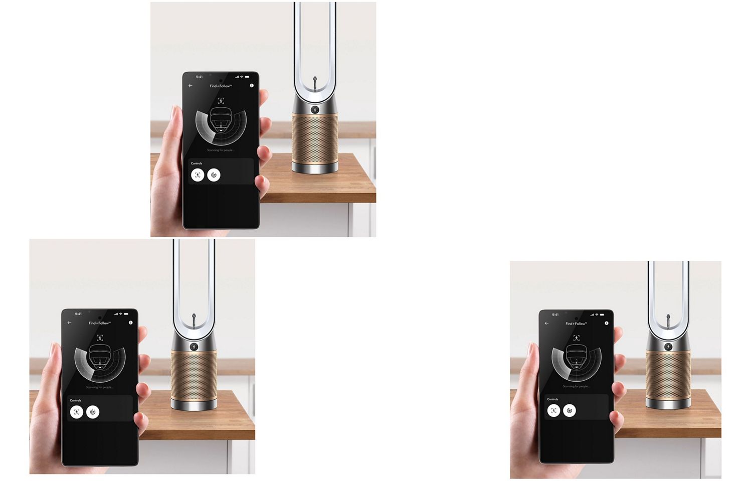 Dyson Find+Follow Purifier Cool PC3 air purifier with a phone showing the MyDyson app.