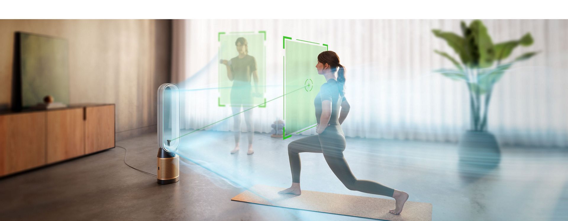 Dyson Find+Follow Purifier Cool fan uses Find+Follow air projection to evenly split airflow between people in a large room.
