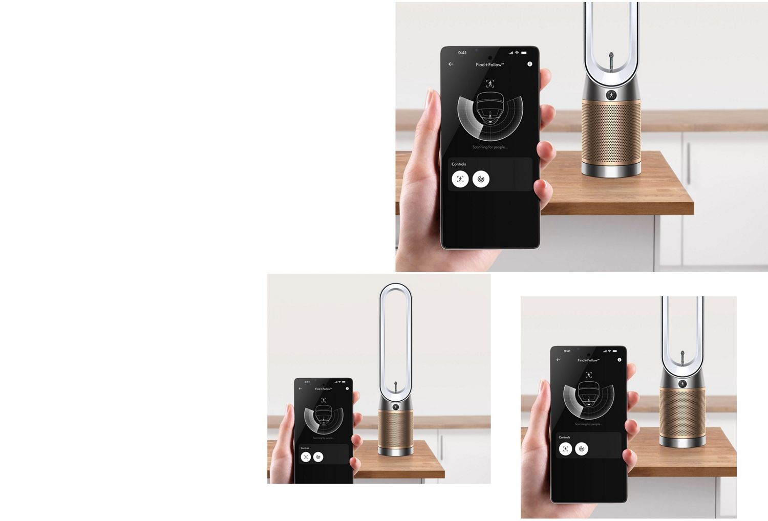 Dyson Find+Follow Purifier Cool fan with a phone showing the MyDyson app.