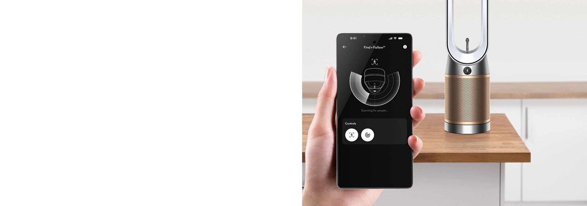 Dyson Find+Follow Purifier Cool fan with a phone showing the MyDyson app.