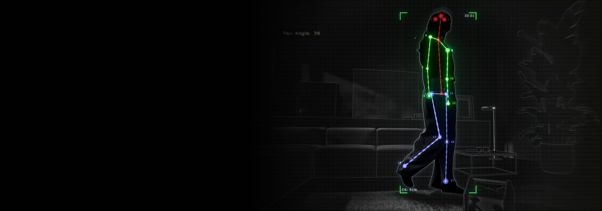 Wireframe representation of a human body as seen by the Dyson Find+Follow Purifier Cool fan.