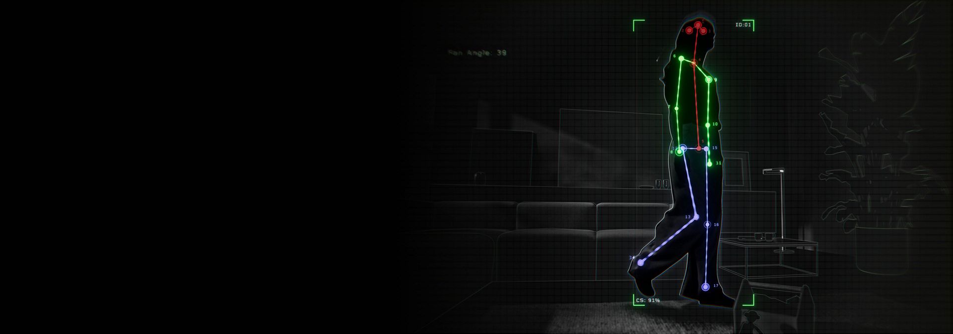 Wireframe representation of a human body as seen by the Dyson Find+Follow Purifier Cool fan.