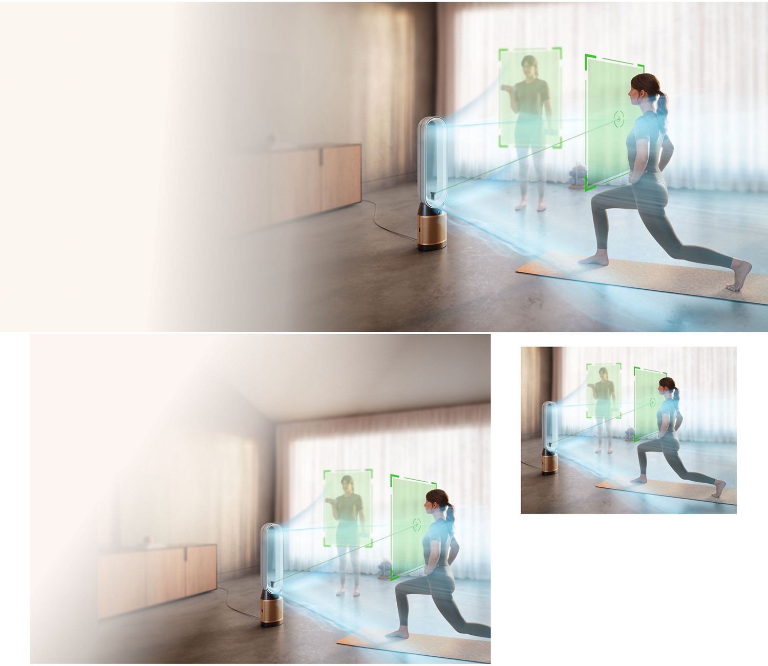 Dyson Find+Follow Purifier Cool fan uses Find+Follow air projection to evenly split airflow between people in a large room.