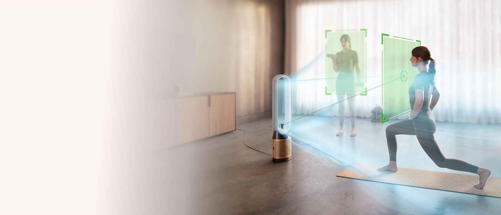 Dyson Find+Follow Purifier Cool fan uses Find+Follow air projection to evenly split airflow between people in a large room.