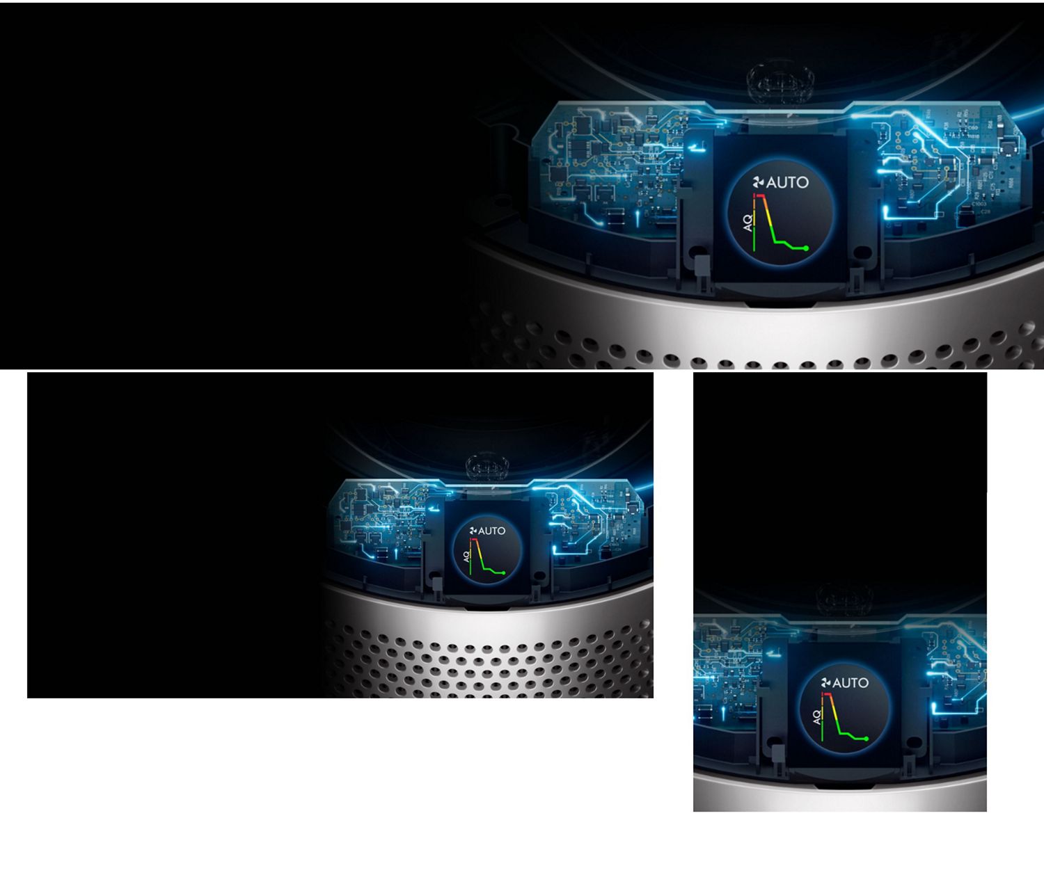 The LCD screen on a Dyson purifier shows a graph of Air quality over time.