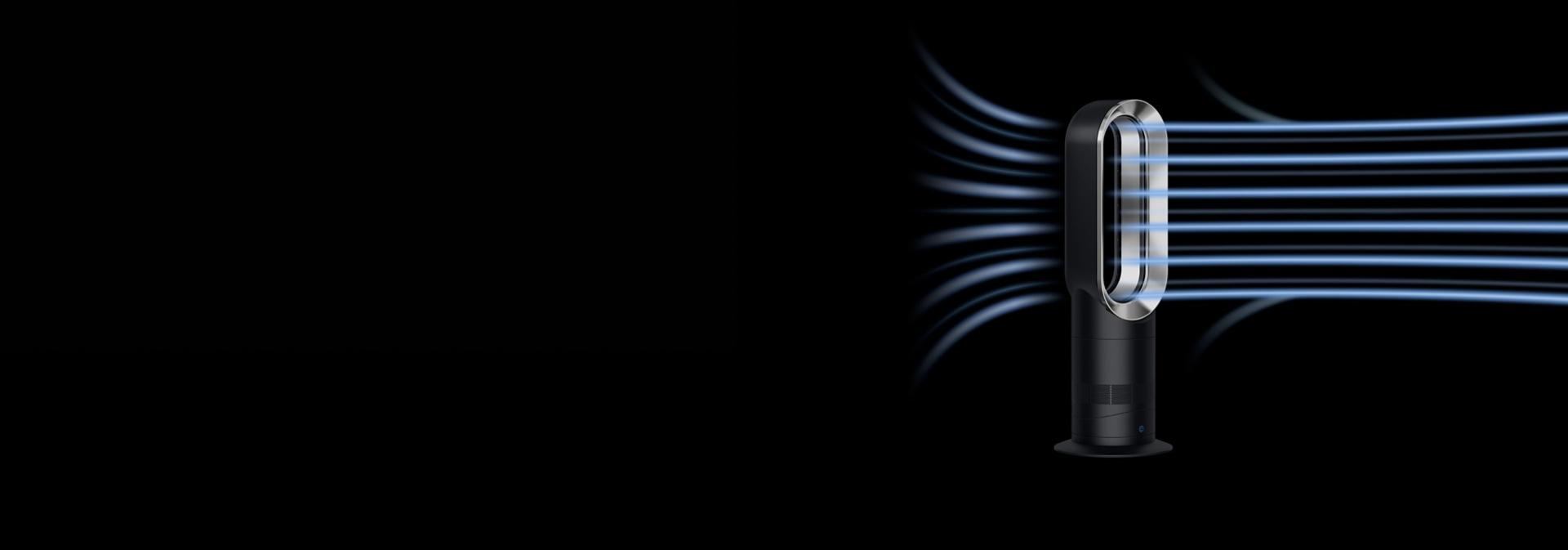 Tehnologija Air Multiplier u Dysonovom ventilatoru prikazana plavom grafikom.