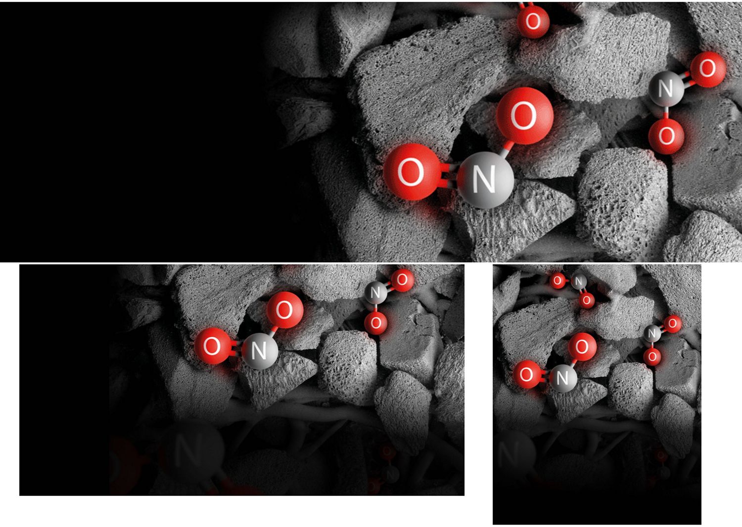 Dyson Hushjet shizuka空気清浄機がNO₂を捕集している様子のイメージ。 A representation of NO2 being captured by the Dyson HushJet Compact Purifier.