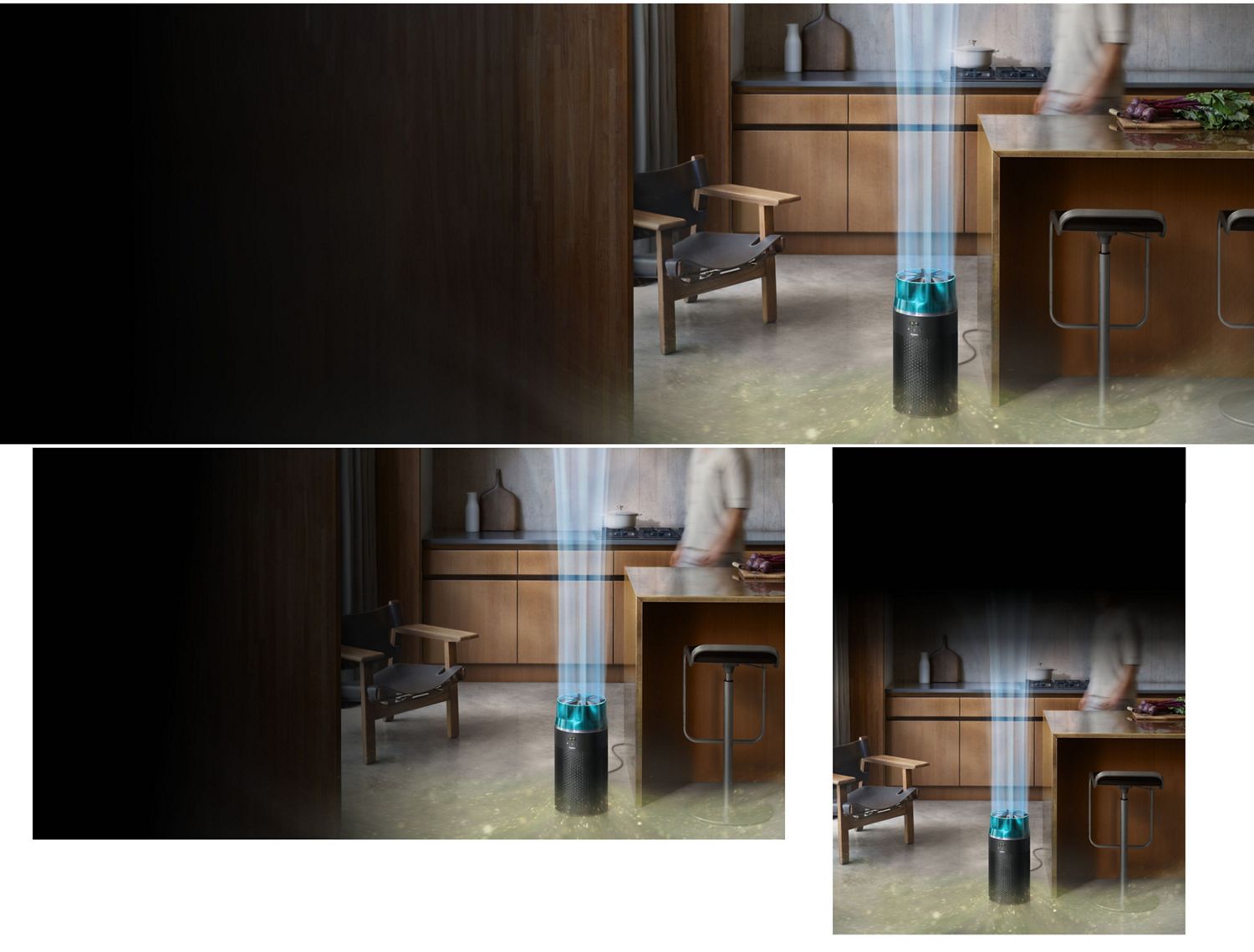 The Dyson HushJet Compact Purifier projects purified air in a large room. The Dyson HushJet Compact Purifier projects purified air in a large room.