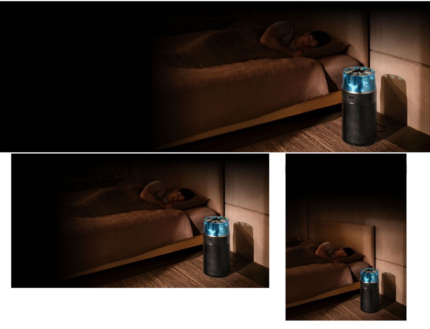 The Dyson HushJet Compact Purifier operates in a bedroom next to a sleeping person. A graph shows air quality over time. The Dyson HushJet Compact Purifier operates in a bedroom next to a sleeping person. A graph shows air quality over time.