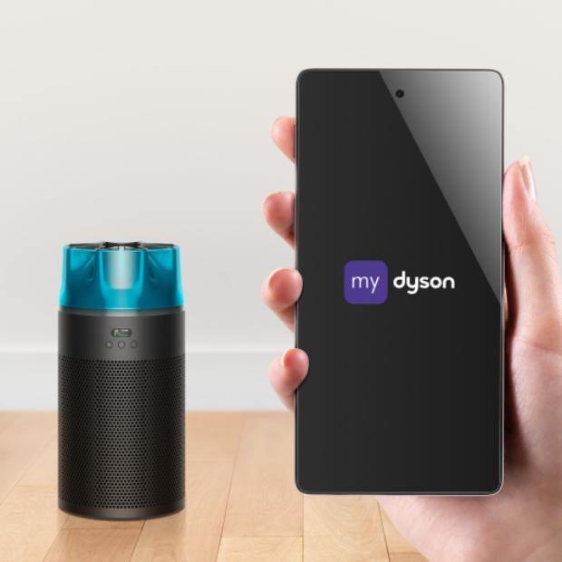 The Dyson HushJet Compact Purifier is controlled through the MyDyson app on a phone.